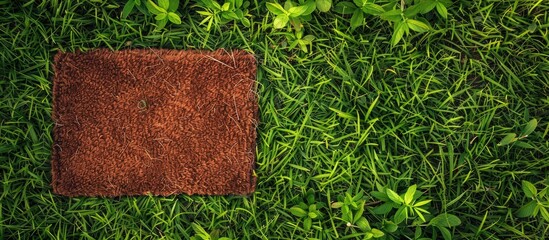 Obraz premium A terrestrial plant in the form of a brown square sits on top of a lush green grassland landscape, blending seamlessly with the flooring of soil and groundcover