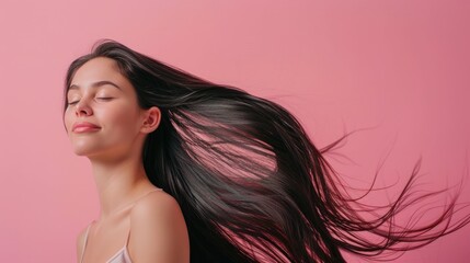 a beautiful young woman with long straight shiny healthy black hairs with hair tossing in the air, isolated on pastel background, shampoo, conditioner, salon