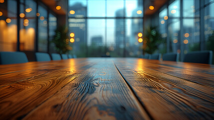 Board room table - low angle view - cityscape - skyline - meeting room - obrazy, fototapety, plakaty