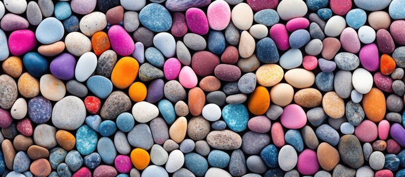 An artistic mixture of colorful rocks stacked on top of each other, resembling a fashionable accessory. These building materials create a beautiful circle of pebbles, perfect for any event