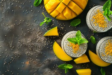 Top view of mango turmeric chia pudding with mango slices and mint garnish on dark background