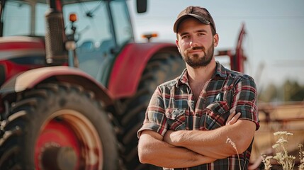 Agriculture banner. Proud attractive confident male farmer standing in front of agricultural machinery.  - obrazy, fototapety, plakaty