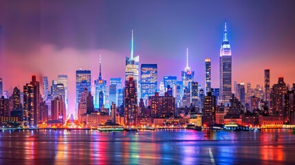 Witness the stunning evening panorama of New York's skyline, with its towering buildings lighting up Midtown Manhattan