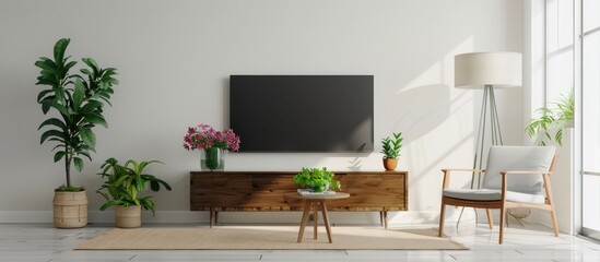 Modern living room setup with TV stand, armchair, lamp, table, flower, and plant