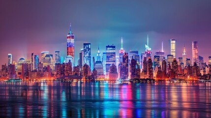 Witness the stunning evening panorama of New York's skyline, with its towering buildings lighting up Midtown Manhattan