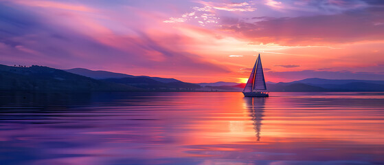 A captivating sunset landscape with the sky ablaze in hues of orange, pink, and purple, reflecting off the calm waters