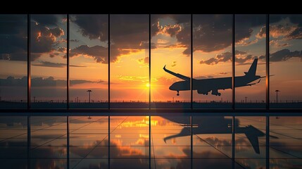 Travel by airplane. Airport. Silhouette of a plane taking off or landing in sunset sky from empty airport lobby, with copy space