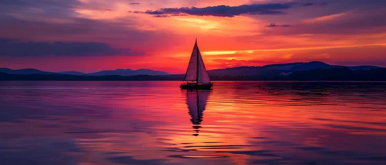 Foto op Canvas A captivating sunset landscape with the sky ablaze in hues of orange, pink, and purple, reflecting off the calm waters © DigitaArt.Creative