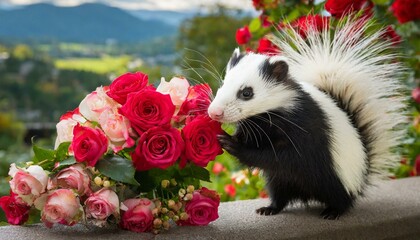 Funny skunk smelling a bouquet of roses