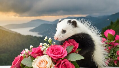 Funny skunk smelling a bouquet of roses - obrazy, fototapety, plakaty