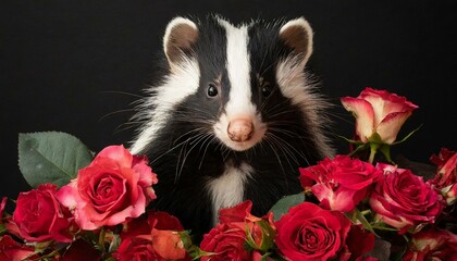 Funny skunk surrounded by roses