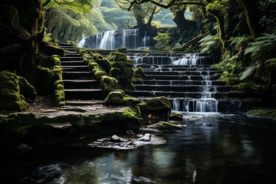 Waterfall in forest with stairs leading to it, surrounded by lush jungle foliage