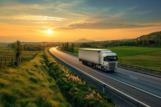 White truck on highway in countryside at sunset