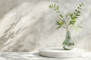 White empty concrete textured wall and podium stage background, green glass vase with plants,...