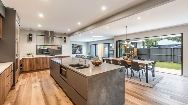Kitchen interior concept in a beautiful new luxury home with a kitchen island and bright minimalist wooden floor.