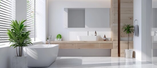 Modern white bathroom with large mirror and wooden cabinet.