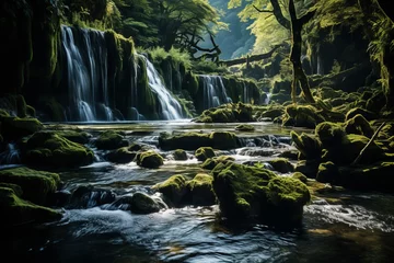  A river flows through a forest with a waterfall in the background © Yuchen Dong