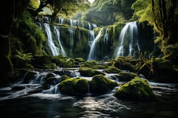 Waterfall in forest with river, part of fluvial landforms in natural landscape - obrazy, fototapety, plakaty