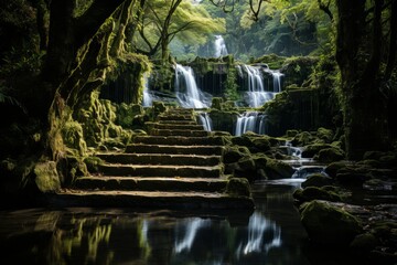 Natural landscape with waterfall in forest stairs lead to water