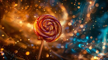 Swirling light painting encircling a glossy lollipop creating an aura of magical sweetness - obrazy, fototapety, plakaty