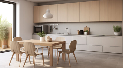 Fototapeta na wymiar Chic Modern Kitchen with Beige Cabinetry and Wooden Dining Set