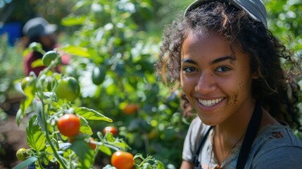 A community-driven urban farming initiative, with residents from diverse backgrounds working together to grow local food