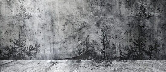 A monochrome photo of a room with a concrete wall and wooden floor, featuring a natural landscape...