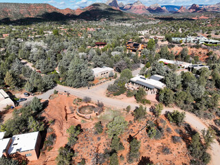 Sedona, Arizona, looking at the Southern area of the Valley Shopping Areas and the Red stone Buttes from a  UAV Drone