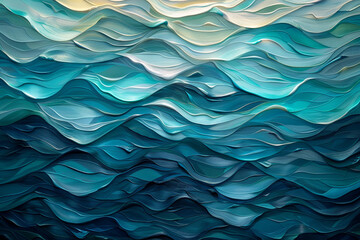A backdrop of diffused, glowing lights in a pattern that mimics the gentle waves of the ocean, in serene shades of turquoise, seafoam green, and deep blue. - obrazy, fototapety, plakaty