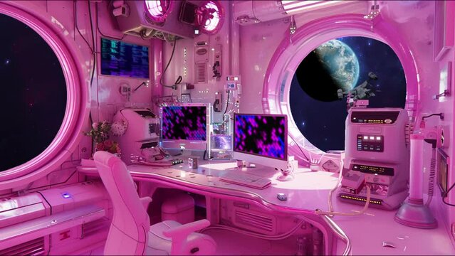 Cute pink spacestation interior with animated screens, space shuttles, and astroids, floating over the earth for OBS livestream overlays animated seamless loop 4k video	