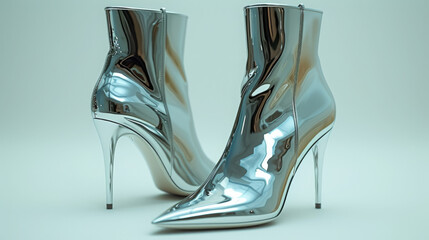 High-Shine Silver Zippered Boots With Elegant High Heels - obrazy, fototapety, plakaty