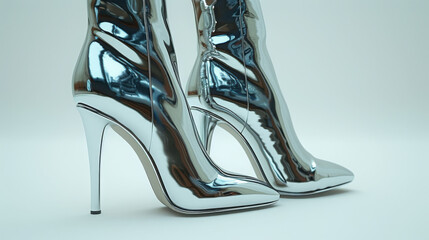 Futuristic Chrome Ankle Boots With Stiletto Heels And Sleek Design - obrazy, fototapety, plakaty