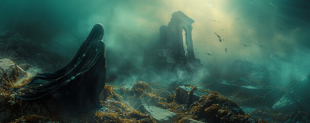 Aqua Expanse, seaweed cloak, mysterious aquatic creature, sunken city ruins, stormy weather, realistic photography, golden hour lighting, chromatic aberration