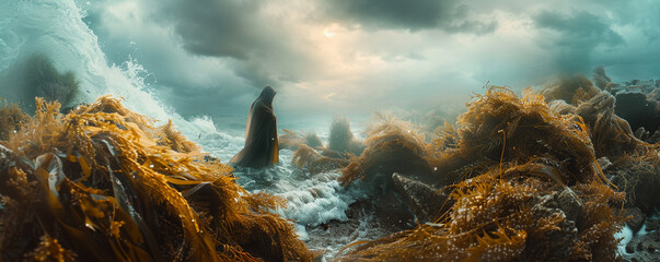 Aqua Expanse, seaweed cloak, mysterious aquatic creature, sunken city ruins, stormy weather, realistic photography, golden hour lighting, chromatic aberration - obrazy, fototapety, plakaty