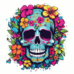 Psychedelic skull with flowers illustration for t-s
