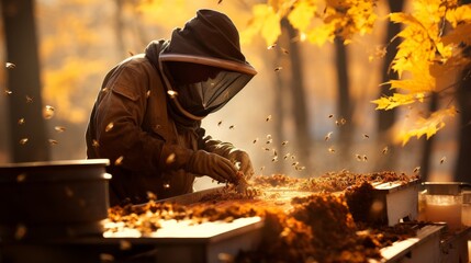 Man in Bee Suit Working on Beehive