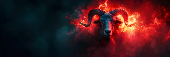 Foto op Plexiglas  Goat with horns and red smoke on a dark backgrou, Image of angry bighorn sheep face and flames on dark background Wildlife Animals Illustration  © Ajay