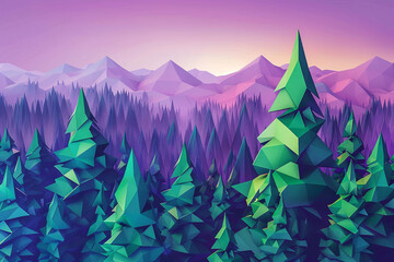 A low-poly landscape of a forest at twilight, with trees and foliage in deep shades of emerald and...