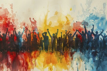 Social Justice Movements: Raised Fists and Crowds in Abstract Watercolor Blots - obrazy, fototapety, plakaty