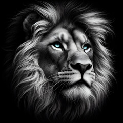 Magnificent Closeup Studio Black and White Portrait of a Strong Male African Lion King Panthera Leo Head with Mane with Calm Face and Blue Eyes. Horoscope Zodiac Symbol Sign. Majestic Wildlife Animals
