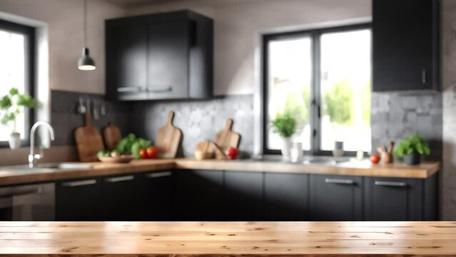 kitchen for product promotions, Elevate product promotions with a modern kitchen, featuring shifting natural light, a stylish wooden table, and fashionable plants. 4k.
