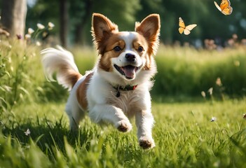 jack russell terrier playing with butterfly in the park with green grass and flowers in the background