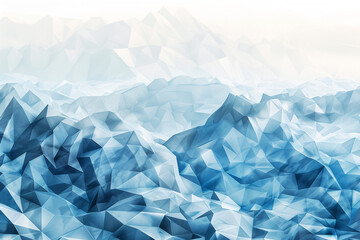 A minimalist polygonal art of a snowy mountain range, where each polygon is a shade of icy blue, creating a serene and cool background.