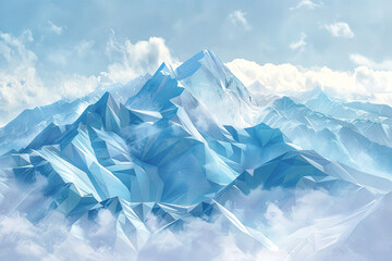 A minimalist polygonal art of a snowy mountain range, where each polygon is a shade of white or icy blue, creating a serene and cool background.