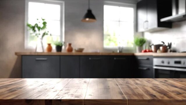 kitchen for product promotions, Showcase products in a modern kitchen, accentuating natural light, a classy wooden table, and trendy plant setups. 4k.