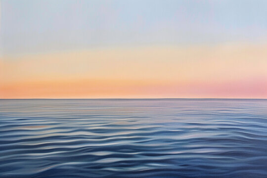 A minimalist seascape at dusk, where the horizon divides a smooth, steel gray ocean from a sky painted in gradients of lilac, peach, and soft yellow.