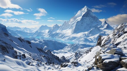 Snowy mountain range under a clear blue sky, a stunning natural landscape - Powered by Adobe