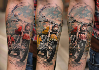 a tattoo of a motorcycle with a green and orange paint.