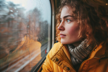 Contemplative Woman by Rainy Train Window