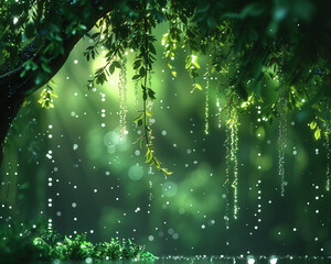 Emerald, rough bark, towering presence, dripping with dew in a magical forest 3D Render, Backlights, Depth of Field Bokeh Effect